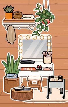 a room with a mirror, potted plant and other items