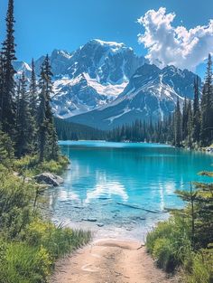 a scenic view of a mountain lake surrounded by pine trees