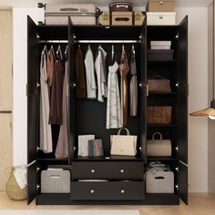 an organized closet with clothes and handbags