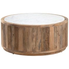 a round wooden table with white marble top