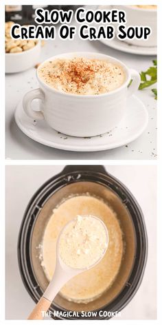 two pictures showing how to make slow cooker cream of crab soup