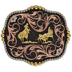 Montana Silversmiths Attitude Tri-Color Team Ropers Traditional Western Belt Buckle Engraving Patterns, Team Roper, Team Roping, Western Belt Buckles, Western Belt, Leather Hardware, Western Belts, Beaded Trim, Red Stone