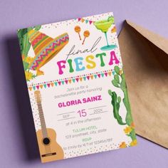 a colorful fiesta themed birthday party with a guitar and mexican decorations on the front, along with a brown envelope