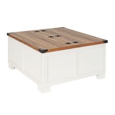 a white coffee table with wooden top and black trimmings on the bottom, in front of a white background