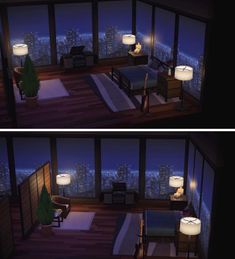 two screens show the same room in an apartment at night