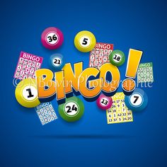 the word bingo surrounded by colorful billiards and balls on a blue background with space for text