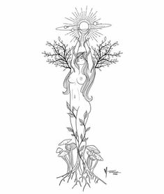 a drawing of a woman holding the sun above her head with trees growing out of it