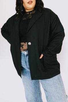 This chic PLUS SIZE black blazer jacket is perfect for the office or a night on the town! The single button front clousure and pockets add an extra touch of sophistication. Show off your unique style and make a statement with the stylish and sleek Let Me In jacket! Details Lightweight Boxy oversized fit Collar Single-button front closure Pockets Unlined Sizing *Measurements are taken unstretched with item hanging* Approximate measurements: SIZE LENGTH BUST 1XL 30” 56” 2XL 30” 58” 3XL 31” 60” Fab Double Button Long Sleeve Blazer For Night Out, Oversized Business Casual Blazer With Button Closure, Long Sleeve Double Button Closure Blazer For Night Out, Oversized Blazer For Business Casual With Button Closure, Lapel Collar Outerwear With Buttons For Night Out, Oversized Button-up Blazer For Work, Oversized Single Button Blazer For Fall, Oversized Single Button Fall Blazer, Trendy Single Button Button-up Outerwear