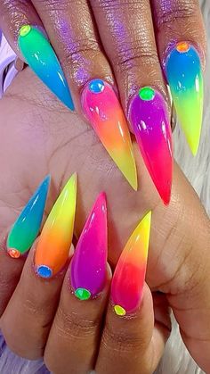 #arylic #arylicnails #nailart #nailsofinstagram #nails Rainbow Nail Art Designs, Ongles Bling Bling, Bright Summer Acrylic Nails, Rainbow Nail Art, Neon Nail Designs, Long Nail Designs