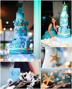 there is a collage of pictures with blue and white decorations on the table, including a starfish cake