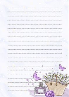 a paper with flowers in a basket and butterflies on the side, next to a notepad