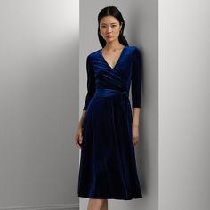 A belted waist enhances the fluid silhouette of this surplice dress which is realized in plush stretch-infused velvet for a beautiful sheen and soft hand feel. Womens Velvet Dresses, Surplice Dress, Velvet Midi Dress, Ralph Lauren Purple Label, Ralph Lauren Dress, Dress Romper, Soft Hand, Velvet Dress, Formal Wear