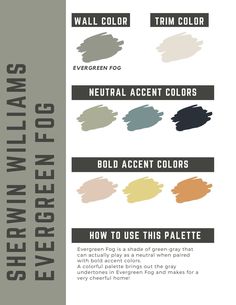 Struggling to select paint colors for your home? Take the guess work out of it with this done-for-you paint color palette.  This is a collection of beautiful paint colors is based around Sherwin Williams Evergreen Fog as a wall color.  Included are the names of paint colors, all by Sherwin Williams, for: -Wall color -Trim color -3 neutral accent colors -3 bold accent colors Additionally, you will receive 1 page cheat sheets on: -the process that we use to sample paints to be sure they are a perfect fit in our home -ideas for incorporating accent colors into your home Your files will be available to download as soon as you've completed your purchase. Please contact me with questions prior to purchase. No returns or exchanges. HOW IT WORKS Files are instant Download, available once your paym Home Color Palette Interior, Whole Home Color Palette, Beautiful Paint Colors, Color Palette Interior, Interior Paint Palettes, Wythe Blue, Home Color Palette, Origami White, Sherwin Williams Gray