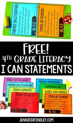 three different types of writing materials with the text free for 4th grade literature i can statements