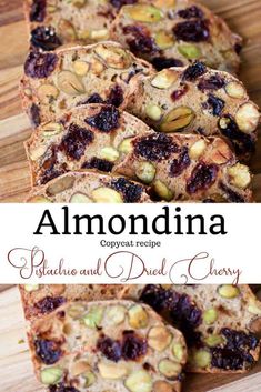 sliced bread with nuts and dried cherries on top, along with the words almondina