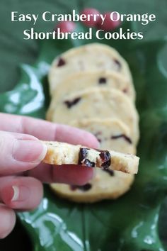 a hand holding a cookie with cranberry orange shortbread cookies