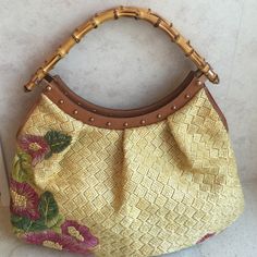 Gucci Handbag Gorgeous summer straw bag ,embroidered. Bamboo handles, brand new condition. Never worn. Made in Italy, org.dust bag. Size -w 17,5", h 11". Gucci Bags Bag With Embroidery, Gucci Handbag, Fabric Handbags, Vintage Thrift, Bamboo Handles, Kate Spade Handbags, Gucci Handbags, Woven Bag, Gucci Bags