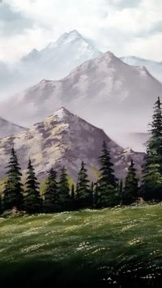 a painting of mountains with trees in the foreground