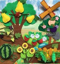 a collage of various items made to look like trees and fruit on the ground