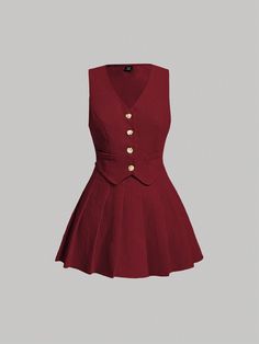 Plus Size Button Front Vest Blazer & Pleated Skirt Without Shirt Burgundy Elegant    Plain  Non-Stretch  Women Plus Clothing, size features are:Bust: ,Length: ,Sleeve Length: Fest Outfits, Vest Blazer, Inspired Outfits, Classy Outfits, Pretty Dresses, Aesthetic Clothes, Pretty Outfits, Plus Clothing