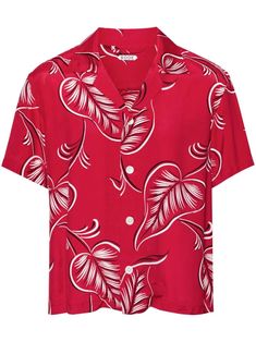 crimson red/white/black all-over leaf print camp collar short sleeves straight hem front button fastening Red Collared Camp Shirt For Vacation, Red Hawaiian Shirt With Camp Collar, Red Printed Tops With Camp Collar, Red Tropical Print Top With Camp Collar, Red Hawaiian Shirt With Camp Collar And Tropical Print, Red Tropical Print Camp Shirt With Camp Collar, Red Hawaiian Shirt With Tropical Print And Camp Collar, Red Camp Shirt With Tropical Print, Red Tropical Print Hawaiian Shirt With Camp Collar