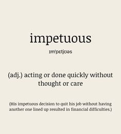 the words imppetious are in black and white text on a beige background with an image of a man's face