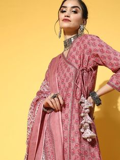 mauve-ethnic-printed-dupatta-set-10103120PR, Women Indian Ethnic Clothing, Cotton Kurta Set Dupatta Mauve Fabric, Angrakha Style, Wings Dress, Gotta Patti, Ethnic Motifs, Kurta Design, Printed Dupatta, Style Trousers, Cotton Dupatta