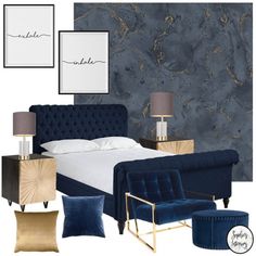 a bedroom with blue velvet furniture and gold accents