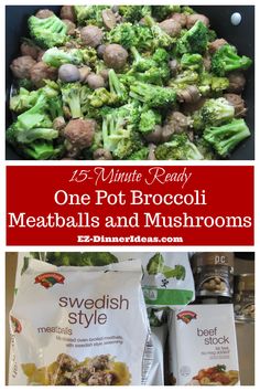 broccoli, meatballs and mushrooms in a pan with the title overlay