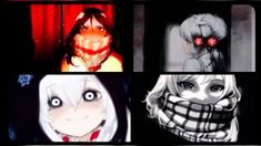 four different anime faces with red eyes