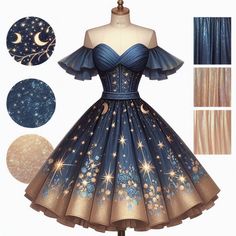 Galaxy Formal Dress, Star And Moon Dress, Sun Dress Drawing, Astronomy Inspired Outfits, Outer Space Outfit Ideas, Star Outfit Aesthetic, Celestial Oc, Unique Dress Designs, Space Dresses