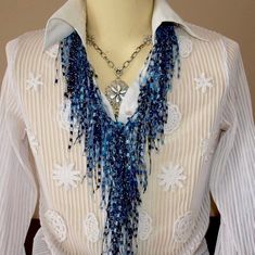 Denim Scarf, Denim Necklace, Ladder Yarn, Necklace Scarf, Yarn Necklace, Beaded Scarf, Denim Jewelry, Scarf Necklace, Metallic Yarn