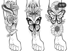 three different tattoos with flowers and butterflies on their arms, one is black and white