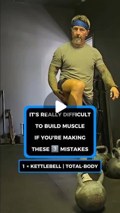 a man sitting in a chair with kettles behind him and the words, it's really difficult to build muscle if you're making these