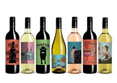 six bottles of wine are lined up against a white background, each with an individual's artwork on the bottle