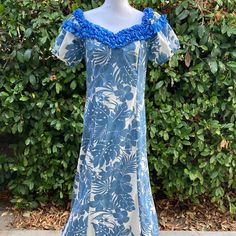 Gorgeous Blue And White Maxi With Flower Detail At Collet, Sleeves And Bottom. Excellent Condition. Size Medium Island Outfits, Island Outfit, Hawaiian Dress, Flower Detail, White Maxi, Colorful Dresses, Blue White, Blue And White, Maxi Dress