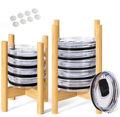 a stack of plates sitting on top of wooden racks