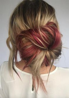 Crimson Hair Color, Summer Hair Buns, Underdye Hair, Hair Colors To Try, Butter Blonde, Hair Burgundy, Peekaboo Hair Colors, Crimson Hair, Maroon Hair