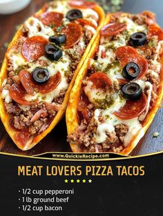 two slices of meat lovers pizza tacos with olives and pepperoni on top