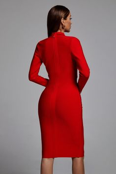 PRODUCT DETAILS Model is wearing small Model measurements, height, and weight located in the size chart All models wear 4" heels in pictures Order ships within 24-48 hours or sooner (Monday-Friday) 90% Polyester 10% Spandex Has stretch Back zipper Bandage fabric Please see the size chart for information on the fit Long Sleeve Bandage Dress, Red Pumps, Deep Plunge, Date Nights, Stylish Clothes For Women, Red Midi Dress, Draped Dress, Knee Length Skirt, Bandage Dress