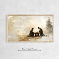 two people sitting on a bench in front of a painting with the words west springs tv art