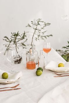 the table is set with wine, limes and other items for an elegant dinner