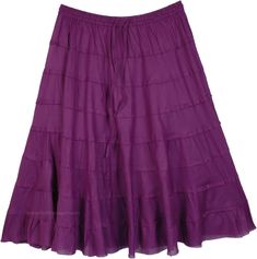 A cute skirt in deep purple, this is a classic summer short skirt in comfortable and breathable cotton fabric. It is divided into tiers that add flare to it and give it a feminine vibe. #tlb #JuniorPetite #TieredSkirt #vacationclothing #beachwrap #Solid #shortskirt #tieredskirt #purplesummercottonskirt Purple Flowy Mini Skirt For Summer, Purple Cotton Mini Skirt For Summer, Summer Tiered Mini Skirt In Purple, Purple Cotton Ruffled Bottoms, Purple Relaxed Summer Skirt, Purple Ruffled Cotton Bottoms, Purple Cotton Tiered Skirt, Long Purple Cotton Skirt, Purple Tiered Ruffled Skirt