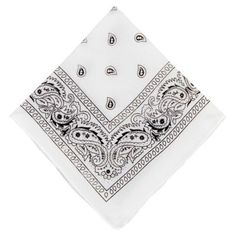 a white handkerchief with black and silver paisley designs on the front, sitting on a white surface