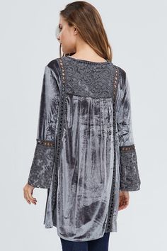 Velzera Exquisite velvet tunic dress with embroidery and crochet details. Bell sleeve cuffs. A must have ! Color: Gray Sizes: S-M-L Runs big, Bust 40-42-44 Length 32-33 100% Polyester, hand wash cold, imported Our model is 5' 8" wearing a small B6/VL-RD1221 Velvet Tunic Dress, Velvet Dress Designs, Velvet Tunic, Dress With Embroidery, Estilo Hippie, Embroidered Velvet, Dusty Rose Dress, Dress Dusty, Velvet Lace