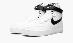 White/black leather Air Force 1 High '07 sneakers from NIKE featuring signature Swoosh logo detail, embroidered logo to the rear, round toe, front lace-up fastening, logo patch at the tongue, front touch-strap fastening, ankle-length, branded insole and rubber sole.  These styles are supplied by a premium sneaker marketplace.  Stocking only the most sought-after footwear, they source and curate some of the most hard to find sneakers from around the world. . Sporty Nike Air Force 1 With Laces For Streetwear, Sporty Nike Air Force 1 For Streetwear, Sporty Nike Air Force 1 High-top With Laces, Nike Air Force 1 With Laces For Streetwear, Casual High-top Nike Air Force 1 For Streetwear, Classic Nike High-top Sneakers For Streetwear, Nike Air Force 1 Mid-top Sports Shoes, Leather High-top Nike Air Force 1 For Streetwear, Nike Air Force 1 High-top Urban Streetwear