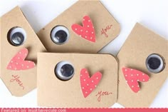 four valentine's day gift tags with eyeballs and hearts on them that say i love you