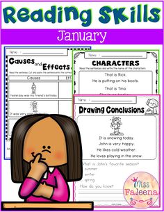 reading skills for january with text and pictures on the front page, including an image of a