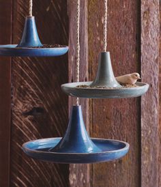 three blue bird feeders hanging from strings