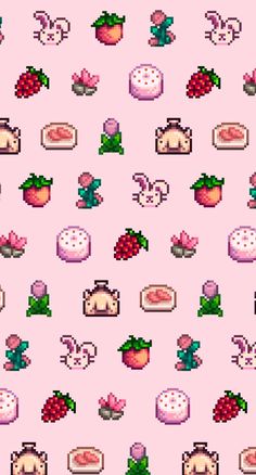 a pink wallpaper with different types of food and fruit on it's surface